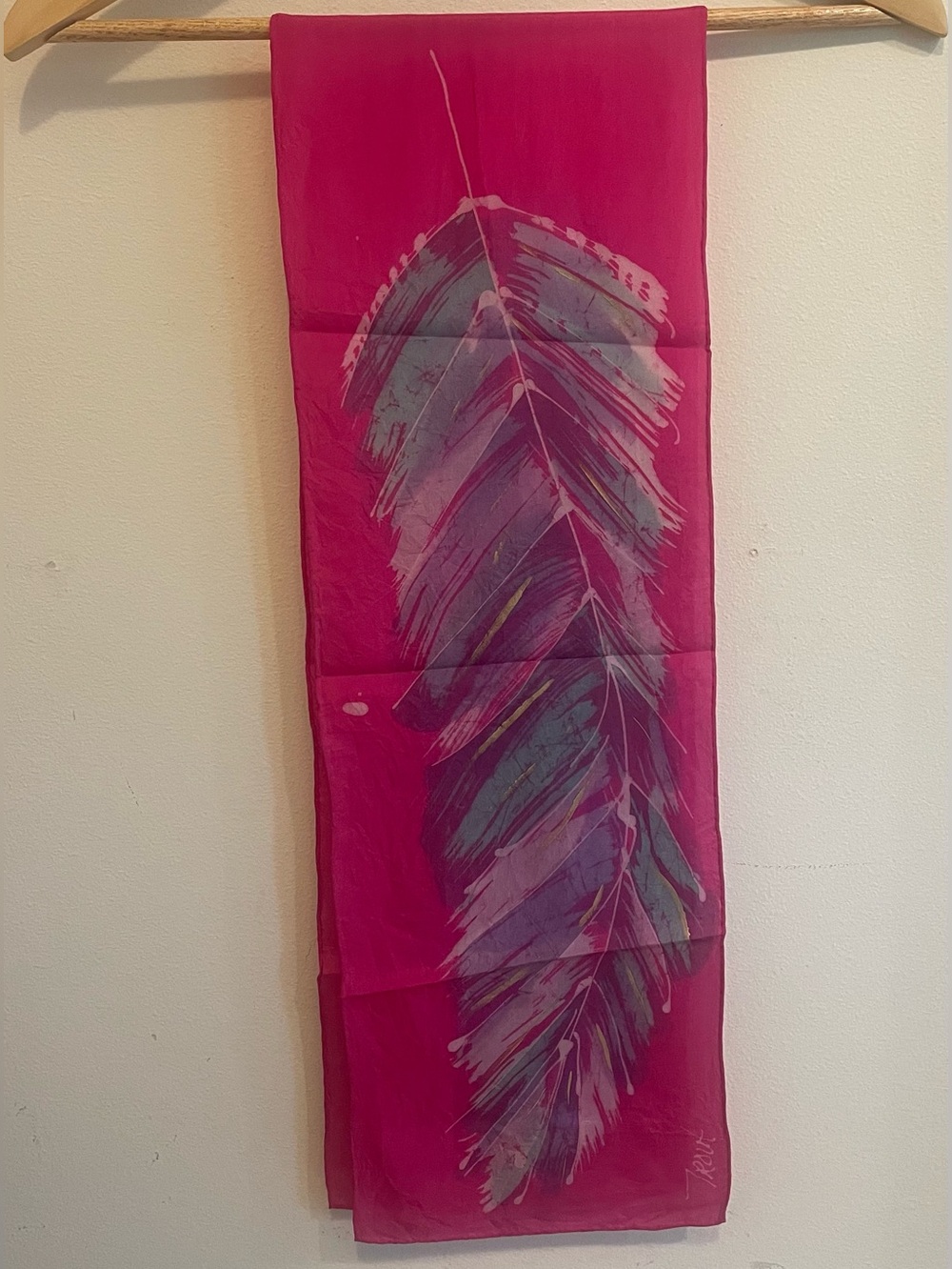Sylvia Trout Hand Painted Silk Pink Scarf, Feather